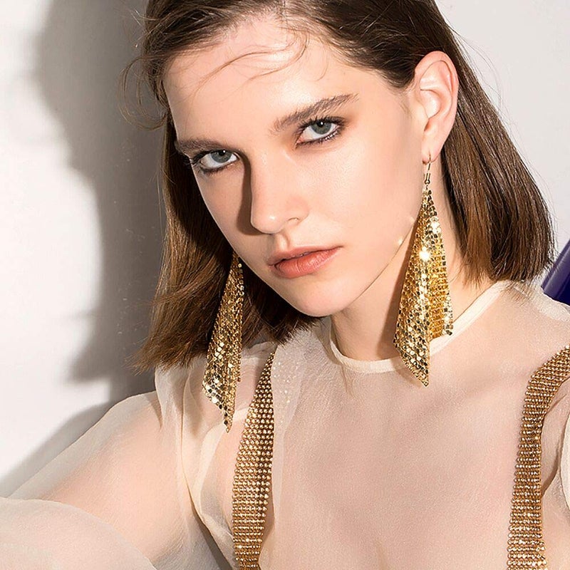 Suyi Trendy Women Earrings Metal Mesh Grid Sequins Tassel Long Drop Dangle Earrings Gold - Image 2